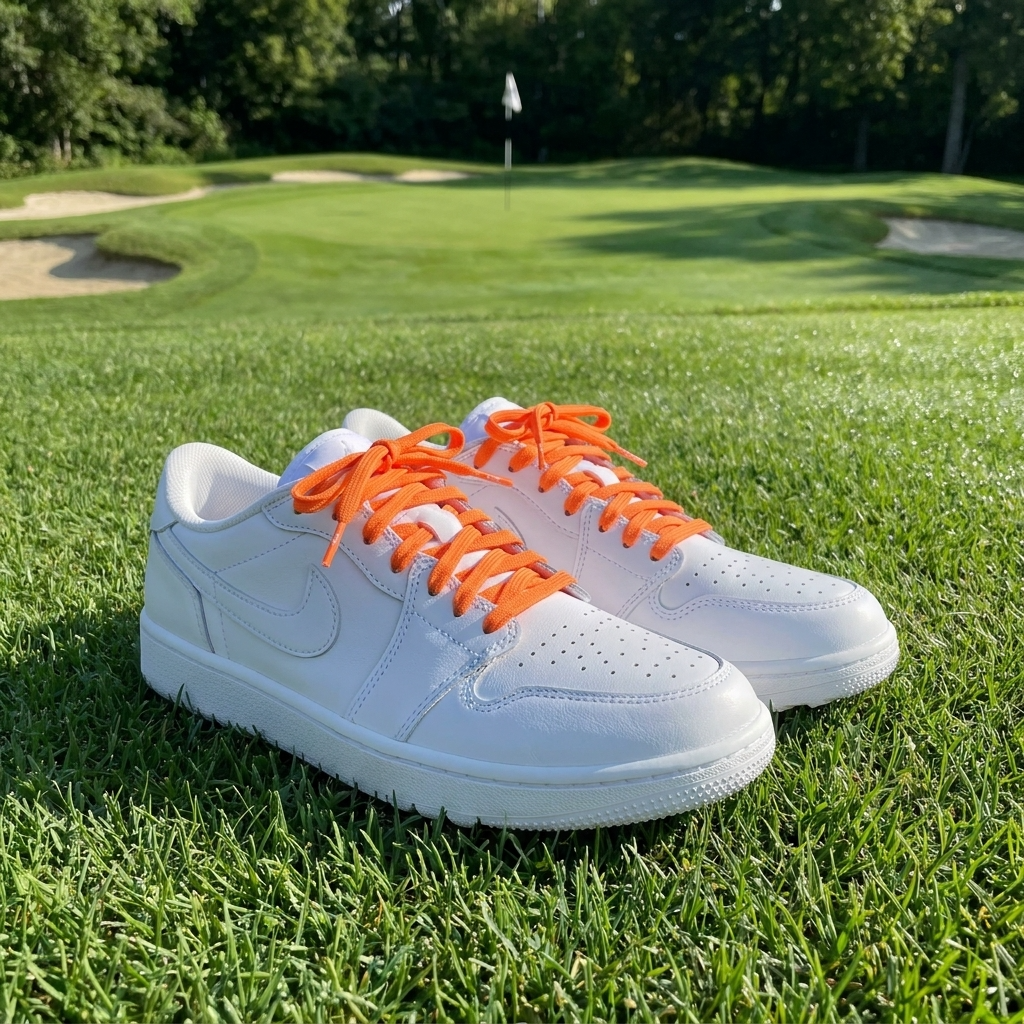 White Air Jordan 1 Low golf shoes with orange Shoe Lace Supply replacement laces on a golf course