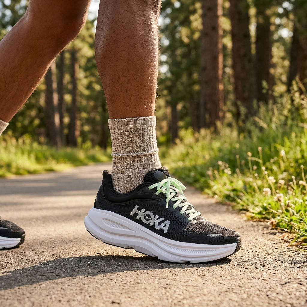 Runner wearing black Hoka running shoes with light green replacement laces on a trail