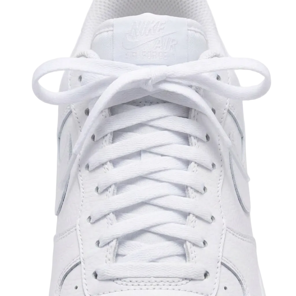 Close-up of a white Nike Air Force 1 sneaker showing the lace-up front, tongue branding, and side panels on a clean white background.