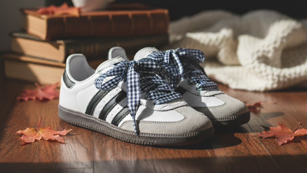 ribbon shoe laces gingham navy pattern